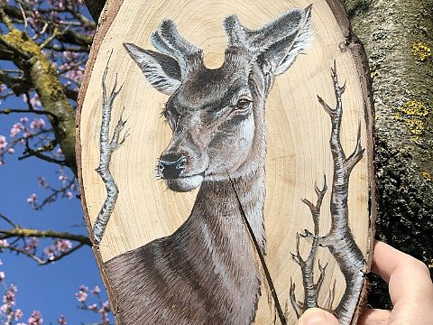 Nature Art by Julia Animal painting on wood slice